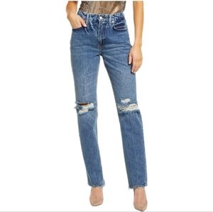 Good American Good '90s Ripped Slim Fit Straight Leg Jeans Indigo061 sz 0